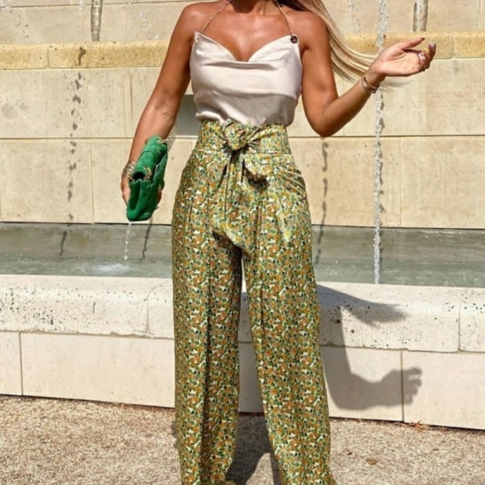 Satin floral wide leg pants
